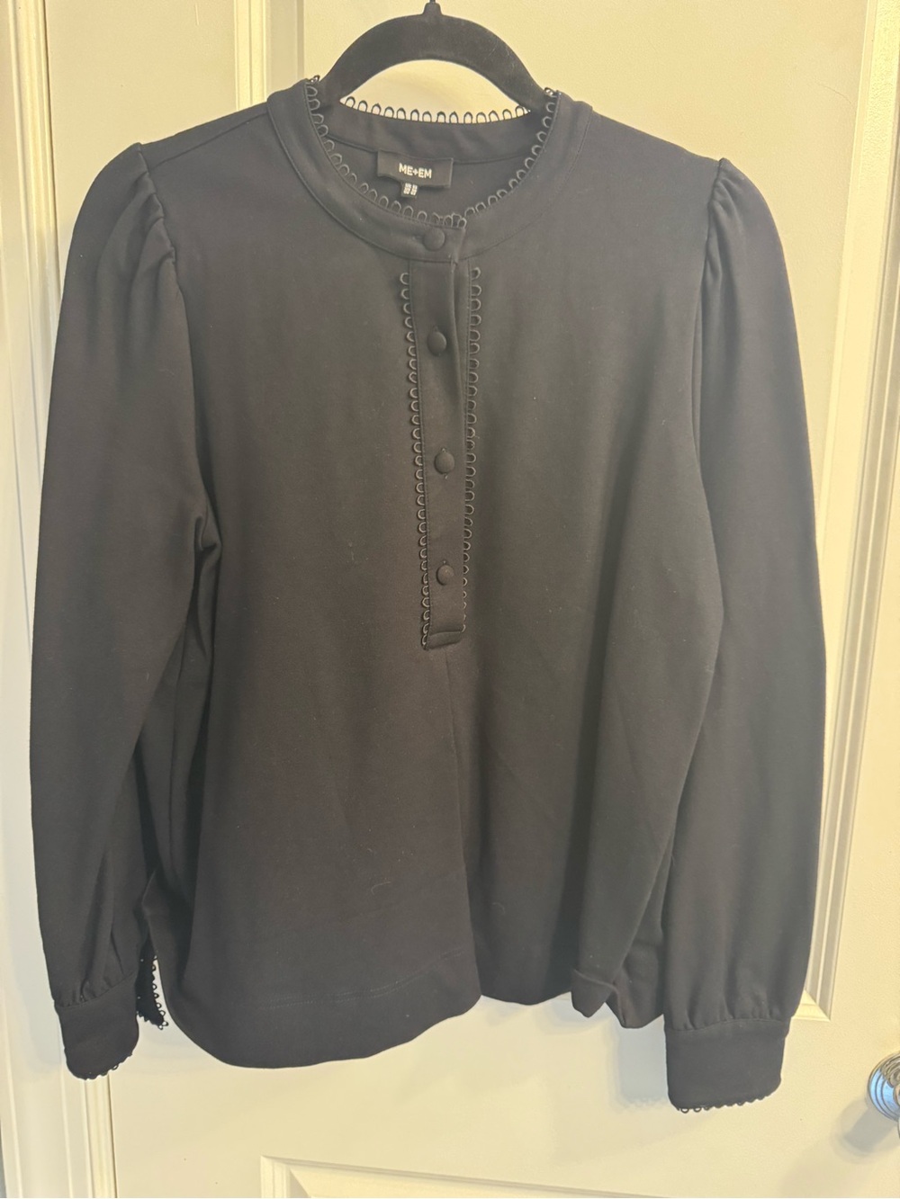 ME+EM Navy Ponte Scallop Trim Long Sleeve Crew Neck Swing Top